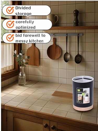 BUBBLE-FLY Modern Kitchen Utensil Holder with Drainage, Black and Wood Base, 3 Compartment Divided Organizer for Spoons Forks Knives, Countertop Caddy for Cooking Tools and Cutlery Storage- Non-Slip - My Kitchen Products