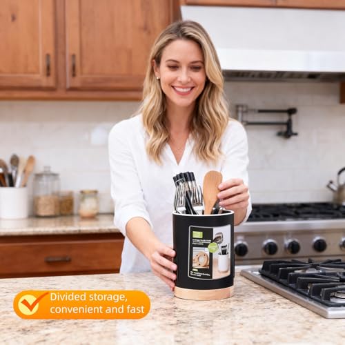 BUBBLE-FLY Modern Kitchen Utensil Holder with Drainage, Black and Wood Base, 3 Compartment Divided Organizer for Spoons Forks Knives, Countertop Caddy for Cooking Tools and Cutlery Storage- Non-Slip - My Kitchen Products