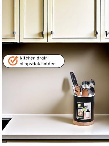 BUBBLE-FLY Modern Kitchen Utensil Holder with Drainage, Black and Wood Base, 3 Compartment Divided Organizer for Spoons Forks Knives, Countertop Caddy for Cooking Tools and Cutlery Storage- Non-Slip - My Kitchen Products