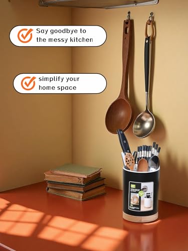 BUBBLE-FLY Modern Kitchen Utensil Holder with Drainage, Black and Wood Base, 3 Compartment Divided Organizer for Spoons Forks Knives, Countertop Caddy for Cooking Tools and Cutlery Storage- Non-Slip - My Kitchen Products