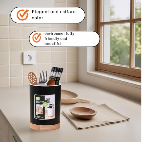 BUBBLE-FLY Modern Kitchen Utensil Holder with Drainage, Black and Wood Base, 3 Compartment Divided Organizer for Spoons Forks Knives, Countertop Caddy for Cooking Tools and Cutlery Storage- Non-Slip - My Kitchen Products