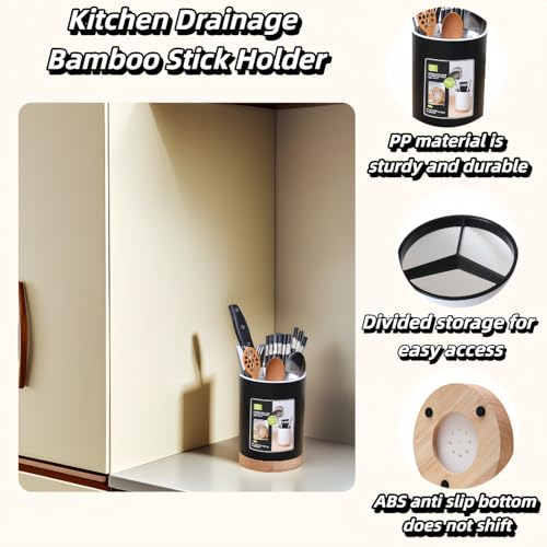 BUBBLE-FLY Modern Kitchen Utensil Holder with Drainage, Black and Wood Base, 3 Compartment Divided Organizer for Spoons Forks Knives, Countertop Caddy for Cooking Tools and Cutlery Storage- Non-Slip - My Kitchen Products