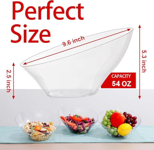 bUCLA 54 OZ Clear Plastic Serving Bowls (12 Pack) - Angled Serving Bowls Disposable for Chip&Candy - Party Table Salad and Fruit - My Kitchen Products