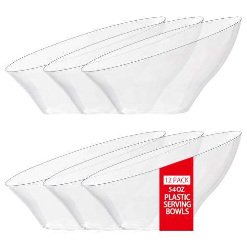 bUCLA 54 OZ Clear Plastic Serving Bowls (12 Pack) - Angled Serving Bowls Disposable for Chip&Candy - Party Table Salad