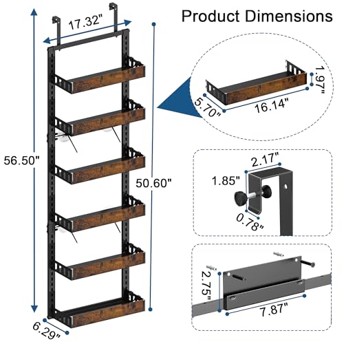 BUKFEN 6-Tier Over the Door Pantry Organizer, 2-in-1 Door Hanging or Wall Mounted Spice Rack with Adjustable Wooden Baskets, Heavy Duty Metal Storage Shelf, 12 Hooks for Kitchen, Bathroom, Closet - My Kitchen Products