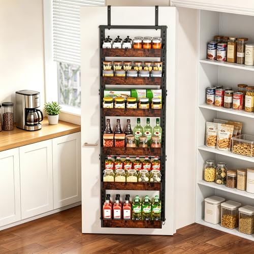 BUKFEN 6-Tier Over the Door Pantry Organizer, 2-in-1 Door Hanging or Wall Mounted Spice Rack with Adjustable Wooden Baskets, Heavy Duty Metal Storage Shelf, 12 Hooks for Kitchen, Bathroom, Closet - My Kitchen Products