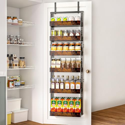 BUKFEN 6-Tier Over the Door Pantry Organizer, 2-in-1 Door Hanging or Wall Mounted Spice Rack with Adjustable Wooden
