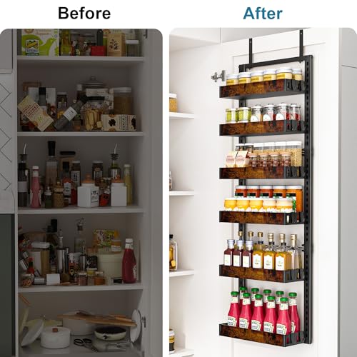 BUKFEN 6-Tier Over the Door Pantry Organizer, 2-in-1 Door Hanging or Wall Mounted Spice Rack with Adjustable Wooden Baskets, Heavy Duty Metal Storage Shelf, 12 Hooks for Kitchen, Bathroom, Closet - My Kitchen Products