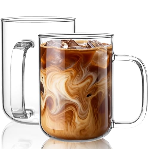 BWODYAY Glass Coffee Mugs, 20 oz Ice coffee cups, Large Clear Tea Cups Set of 2, Glass Mugs with Handles, Glass Cups