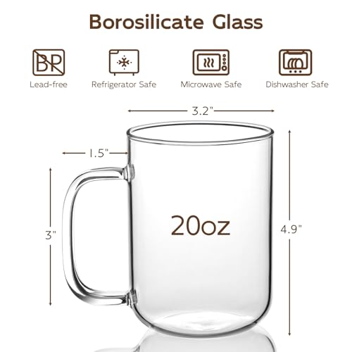 BWODYAY Glass Coffee Mugs, 20 oz Ice coffee cups, Large Clear Tea Cups Set of 2, Glass Mugs with Handles, Glass Cups for Latte, Cappuccino, and Tea - My Kitchen Products