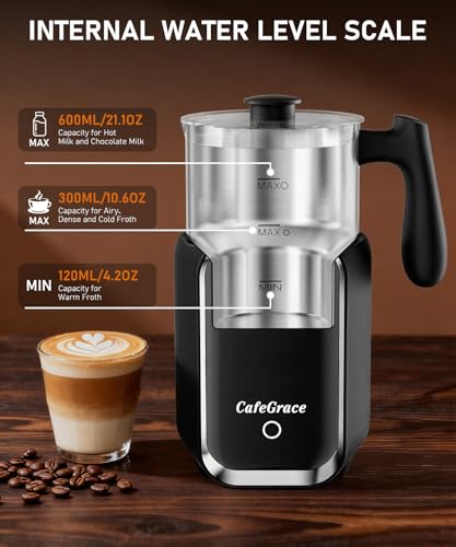 CafeGrace Milk Frother Automatic, Electric Milk Frother and Steamer Removable Dishwasher Safe, Electromagnetic Heating, for Latte, Cappuccino, Chocolate Milk, Hot & Cold Foam, - My Kitchen Products