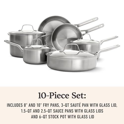 Calphalon Brushed 3-Ply Stainless Steel Cookware Set w/Turbo Heat Tech 10 Piece Includes Frying Pans, Pots and Pans Set, Induction, Oven Safe 450F, Brushed Stainless Silver - My Kitchen Products