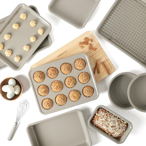 Calphalon Legacy 10-Piece Nonstick Bakeware Set, PFA-Free Nonstick Coating, Oven Safe, Includes Sheet Pans, Muffin Pan, Round Cake Pans, Loaf Pan and Cooling Rack, Cream Grey - My Kitchen Products