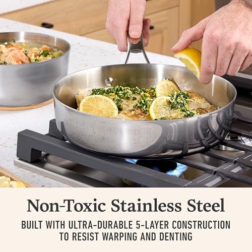 Calphalon Premier Polished 5-Ply Stainless Steel Cookware Set w/Turbo Heat Tech 12 Piece Includes Frying Pans, Pots and Pans Set, Induction, Oven Safe 500F, PFOA Free, Polished Stainless Silver - My Kitchen Products