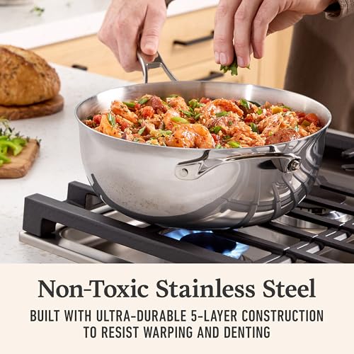 Calphalon Premier Polished 5-Ply Stainless Steel Cookware Set w/Turbo Heat Tech 4.5Qt Chef's Pan with Lid, Induction, Oven Safe 500F, PFOA Free, Polished Stainless Silver - My Kitchen Products