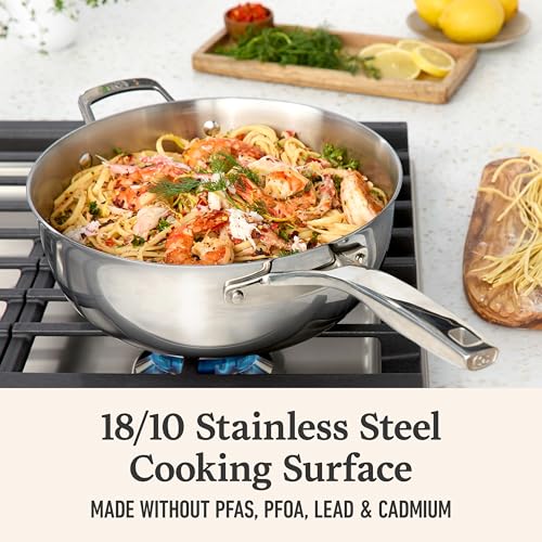 Calphalon Premier Polished 5-Ply Stainless Steel Cookware Set w/Turbo Heat Tech 4.5Qt Chef's Pan with Lid, Induction, Oven Safe 500F, PFOA Free, Polished Stainless Silver - My Kitchen Products