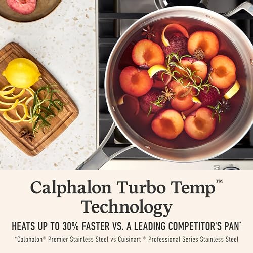 Calphalon Premier Polished 5-Ply Stainless Steel Cookware Set w/Turbo Heat Tech 4.5Qt Chef's Pan with Lid, Induction, Oven Safe 500F, PFOA Free, Polished Stainless Silver - My Kitchen Products