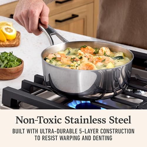 Calphalon Premier Polished 5-Ply Stainless Steel Cookware w/Turbo Heat Tech 2.5Qt Chef's Pan with Lid, Induction, Oven Safe 500F, PFOA Free, Polished Stainless Silver - My Kitchen Products