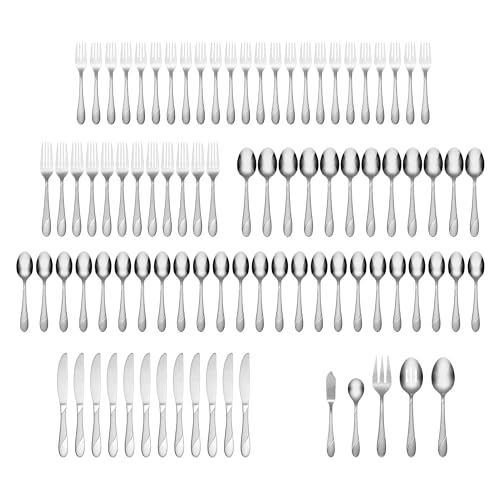 Cambridge Silverware Set, Swirl Sand 89-Piece Flatware Set, Service For 12, 18/0 Stainless Steel, Dishwasher Safe, Flatware Cutlery Sets, Serving Utensils, Knives Spoons And Forks (Silver, 89 Pieces) - My Kitchen Products
