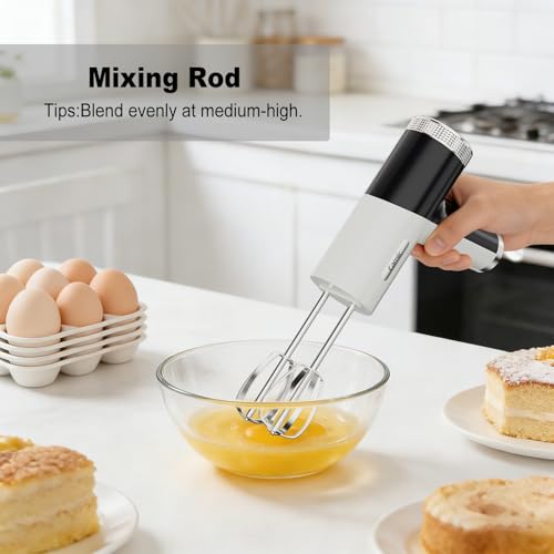 Camic Electric Hand Mixer with 9 Speeds, Powerful Motor, Cordless Hand Mixer with Whisk, Dough Hook and Mixing Rod for Whipping Eggs, Cream, Butter, Jam, Kneading Dough and Blending (White+Black) - My Kitchen Products