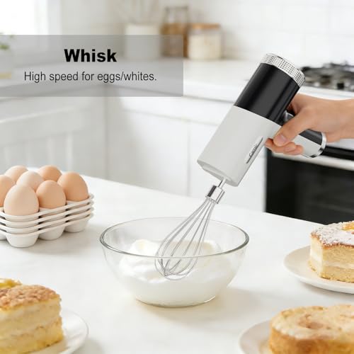 Camic Electric Hand Mixer with 9 Speeds, Powerful Motor, Cordless Hand Mixer with Whisk, Dough Hook and Mixing Rod for Whipping Eggs, Cream, Butter, Jam, Kneading Dough and Blending (White+Black) - My Kitchen Products