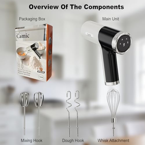 Camic Electric Hand Mixer with 9 Speeds, Powerful Motor, Cordless Hand Mixer with Whisk, Dough Hook and Mixing Rod for Whipping Eggs, Cream, Butter, Jam, Kneading Dough and Blending (White+Black) - My Kitchen Products