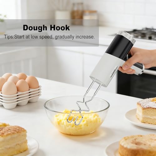 Camic Electric Hand Mixer with 9 Speeds, Powerful Motor, Cordless Hand Mixer with Whisk, Dough Hook and Mixing Rod for Whipping Eggs, Cream, Butter, Jam, Kneading Dough and Blending (White+Black) - My Kitchen Products