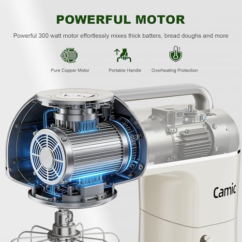 Camic Electric Stand Mixer,7.45 QT,10 Speeds with Dough Hook,Whisk, Flat Beater Attachments, Splash Guard, Easy-Carry Top Handle,3-IN-1 Kitchen Mixer for Baking Cakes Cookie Bread Salad (White) - My Kitchen Products