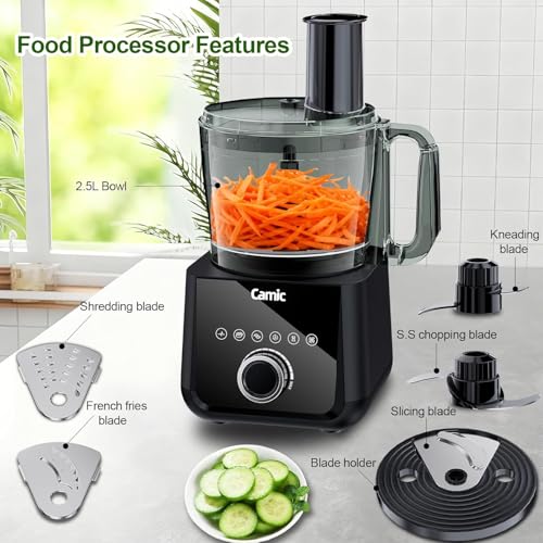 Camic Food Processor, 600W, Shredding and Slicing, French Fries Cutter, Kneading, Meat and Vegetable Chopping, Ice Crushing, 6 Presets, Easy to Operate and Clean for Home Use (Standard Version) - My Kitchen Products