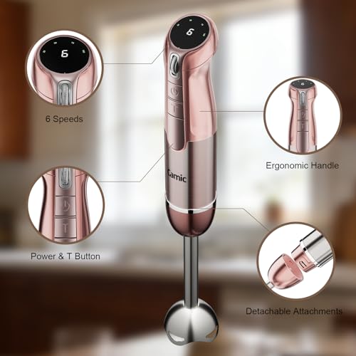 Camic Hand Blender, Cordless Immersion Blender with 6 Speeds, 4 in 1 Portable Mixer Electric Handheld Mixer with Blender, Chopper, Whisk, Frother for Soup, Smoothies, Baby Food and Puree (Champagne) - My Kitchen Products