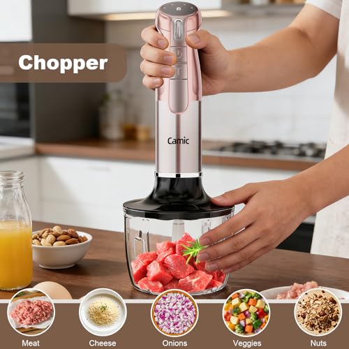 Camic Hand Blender, Cordless Immersion Blender with 6 Speeds, 4 in 1 Portable Mixer Electric Handheld Mixer with Blender, Chopper, Whisk, Frother for Soup, Smoothies, Baby Food and Puree (Champagne) - My Kitchen Products