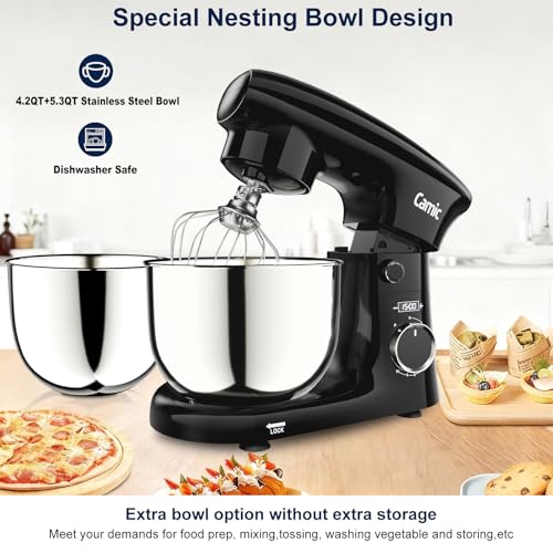 Camic Stand Mixer, 4.2QT+5.3QT Two bowls Electric Food Mixer, 10 Speeds with Digital setting 3-IN-1 Kitchen Mixer for Baking Cakes Cookie Bread Salad with Egg Whisk,Dough Hook,Flat Beater (Black) - My Kitchen Products