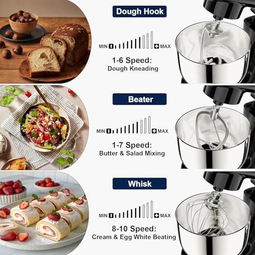 Camic Stand Mixer, 4.2QT+5.3QT Two bowls Electric Food Mixer, 10 Speeds with Digital setting 3-IN-1 Kitchen Mixer for Baking Cakes Cookie Bread Salad with Egg Whisk,Dough Hook,Flat Beater (Black) - My Kitchen Products