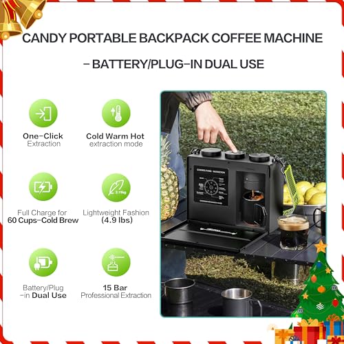 CANDY Portable Espresso Machine with Strap, 3 in 1 Coffee Maker, One-Touch Operation, Rechargeable Cold Brew Up to 60 Cups, for Ground, Ideal for Camping, RV & Outdoor, Home, Heating in Plug-in Mode - My Kitchen Products