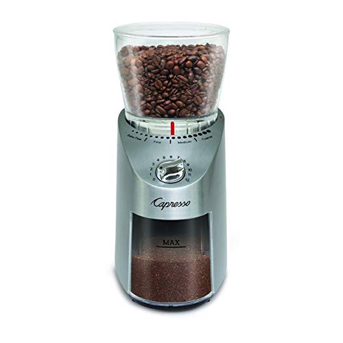 Capresso 575.05 Infinity Plus Conical Burr Grinder Bundle with Large Bean Container, Stainless Steel Includes Cleaning Tablets and Dusting Brush (3 Items) - My Kitchen Products