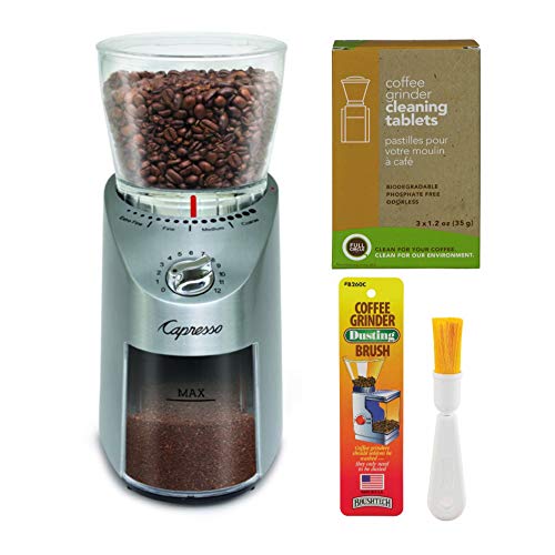 Capresso 575.05 Infinity Plus Conical Burr Grinder Bundle with Large Bean Container, Stainless Steel Includes Cleaning Tablets and Dusting Brush (3 Items) - My Kitchen Products
