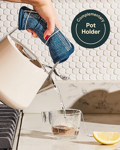 Caraway 2 Quart Whistling Tea Kettle - Durable Stainless Steel Tea Pot - Fast Boiling, Stovetop Agnostic - Non-Toxic, PTFE & PFOA Free - Includes Pot Holder - Perracotta - My Kitchen Products