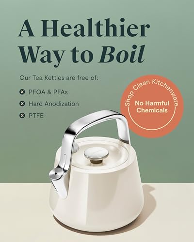 Caraway 2 Quart Whistling Tea Kettle - Durable Stainless Steel Tea Pot - Fast Boiling, Stovetop Agnostic - Non-Toxic, PTFE & PFOA Free - Includes Pot Holder - Perracotta - My Kitchen Products