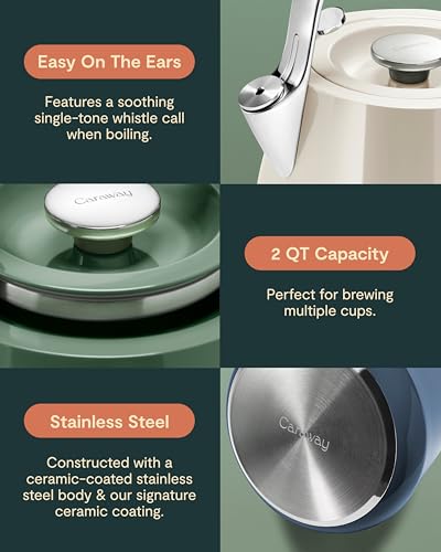 Caraway 2 Quart Whistling Tea Kettle - Durable Stainless Steel Tea Pot - Fast Boiling, Stovetop Agnostic - Non-Toxic, PTFE & PFOA Free - Includes Pot Holder - Perracotta - My Kitchen Products