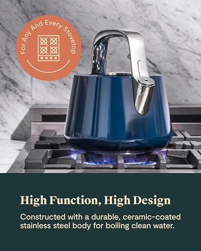Caraway 2 Quart Whistling Tea Kettle - Durable Stainless Steel Tea Pot - Fast Boiling, Stovetop Agnostic - Non-Toxic, PTFE & PFOA Free - Includes Pot Holder - Perracotta - My Kitchen Products