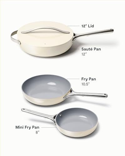 Caraway 4-Piece Fry Pan Set - Non-Stick Frying Pans (10.5” & 8”) & Non-Stick Sauté Pan - Non Toxic, PTFE & PFOA Free - Oven Safe & Compatible with All Stovetops (Gas, Electric & Induction) - Cream - My Kitchen Products