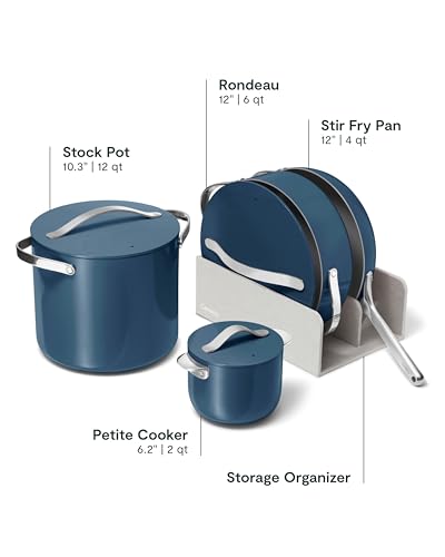 Caraway Cookware+ Collection - Specialty Cookware Set - Petite Cooker, Stir Fry Pan, Rondeau, & Stock Pot - 3 Lids & Storage Organizer Included - Navy - My Kitchen Products