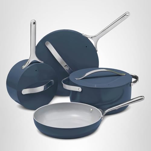 Caraway Deluxe Non-stick Ceramic Cookware Set (16 Piece) Pots, Frying Pans, Lids and Kitchen Storage - PFAS & PFOA Free - Oven Safe Pan Set & Compatible with All Stovetops - Navy - My Kitchen Products