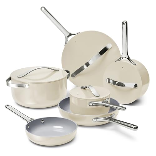 Caraway Deluxe Non-stick Ceramic Cookware Set (16 Piece) Pots, Frying Pans, Lids and Kitchen Storage - PFAS & PFOA Free - Oven Safe Pan Set & Compatible with All Stovetops - Cream - My Kitchen Products