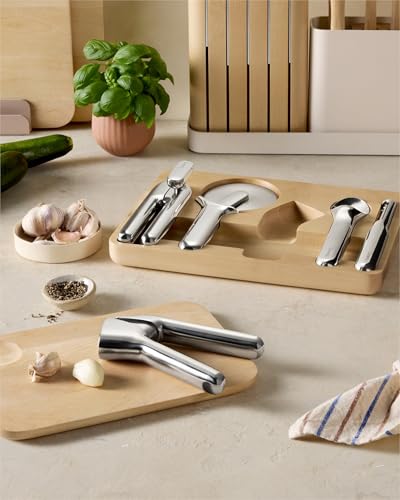 Caraway Kitchen Gadget Set - 5 Piece Kitchen Essentials - Stainless Steel - Includes Can Opener, Pizza Cutter, Garlic Press, Ice Cream Scoop, Vegetable Peeler, and Storage Organizer - My Kitchen Products