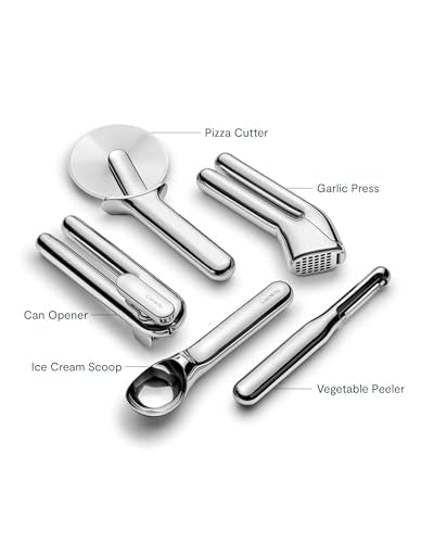 Caraway Kitchen Gadget Set - 5 Piece Kitchen Essentials - Stainless Steel - Includes Can Opener, Pizza Cutter, Garlic Press, Ice Cream Scoop, Vegetable Peeler, and Storage Organizer - My Kitchen Products
