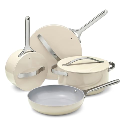 Caraway Non-stick Ceramic Cookware Set (12 Piece) Pots, Pans, Lids and Kitchen Storage - PFAS & PFOA Free - Oven Safe Pan Set & Compatible with All Stovetops - Cream - My Kitchen Products