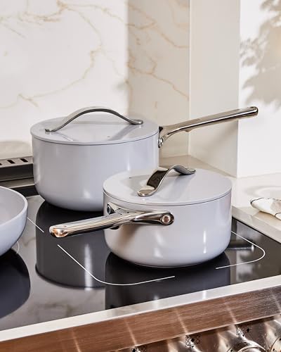 Caraway Nonstick Ceramic Sauce Pan with Lid (1.75 qt) - Non Toxic, PTFE & PFOA Free - Oven Safe & Compatible with All Stovetops (Gas, Electric & Induction) - Cream - My Kitchen Products