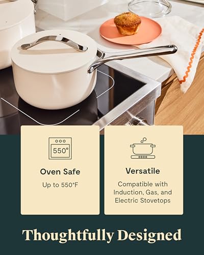 Caraway Nonstick Ceramic Sauce Pan with Lid (1.75 qt) - Non Toxic, PTFE & PFOA Free - Oven Safe & Compatible with All Stovetops (Gas, Electric & Induction) - Cream - My Kitchen Products