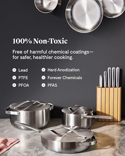 Caraway Stainless Steel Deluxe Cookware Set (16 Piece) - 5-Ply Stainless Steel Pots, Frying Pans, Lids and Kitchen Storage - Non Toxic, PTFE & PFOA Free - My Kitchen Products